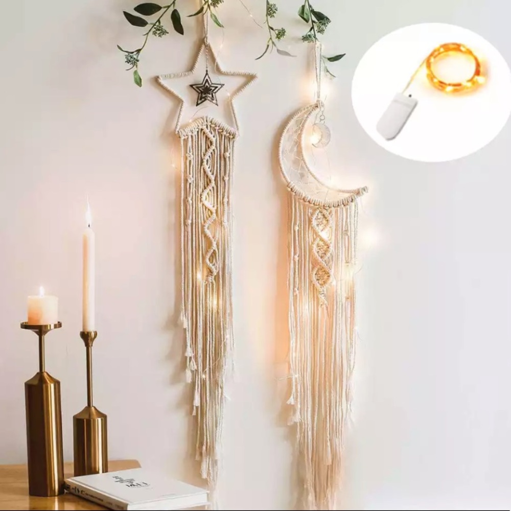 New Bohemian Lighted Macramé Star & Moon Set - Picture 1 of 7